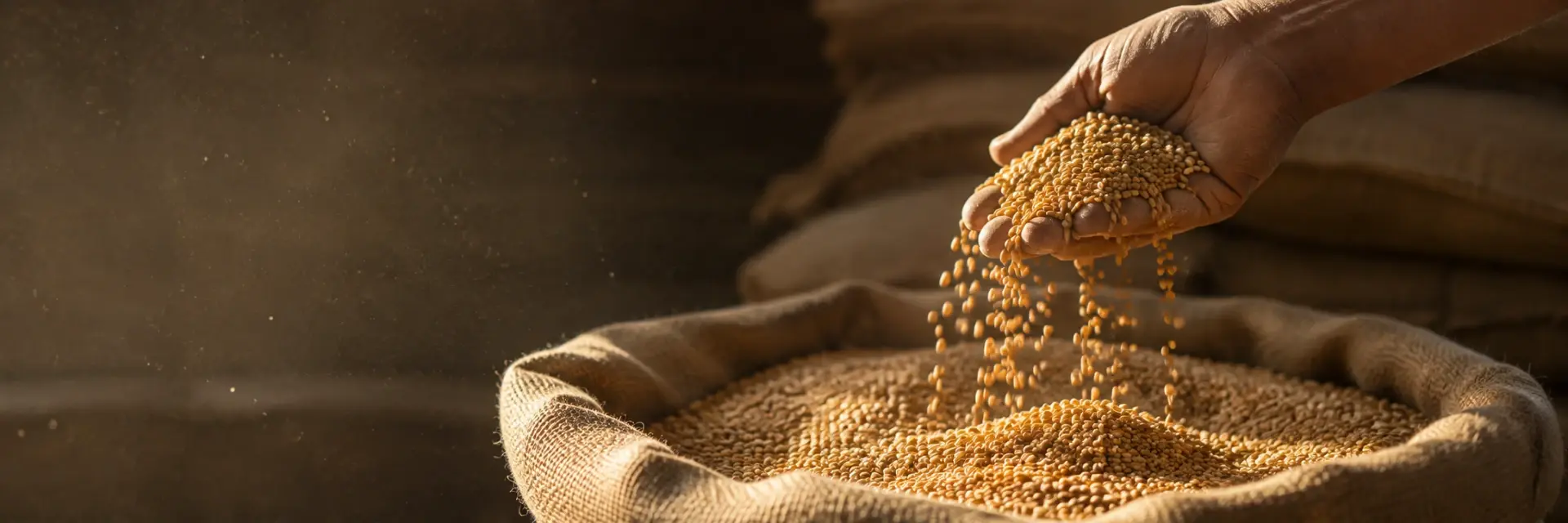 Wheat grain falling from a hand into an open sack