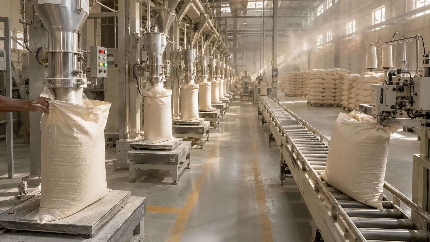Flour being packed into sacks at a mill packing line