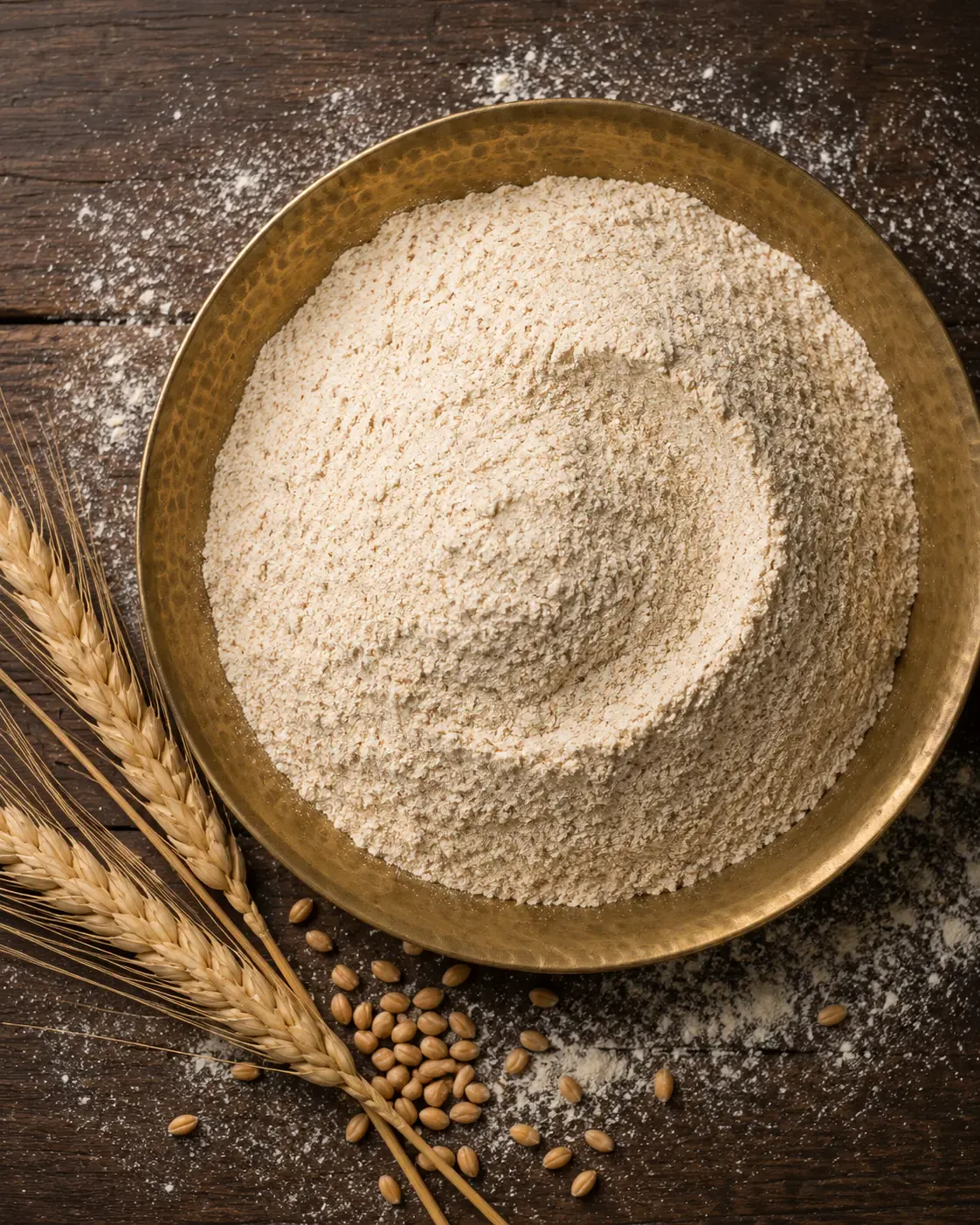 Whole wheat flour with visible bran flecks in a brass bowl