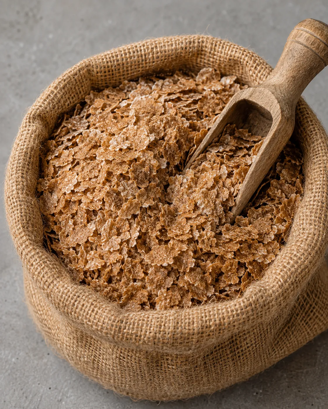 Wheat bran flakes heaped in an open jute sack