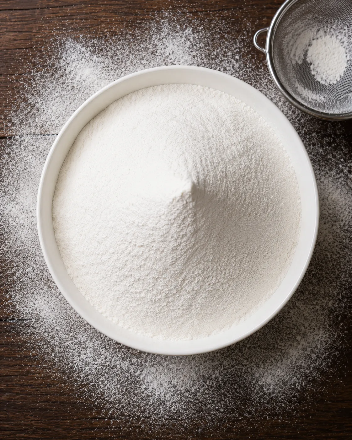 Finely refined white wheat flour sifted into a bowl