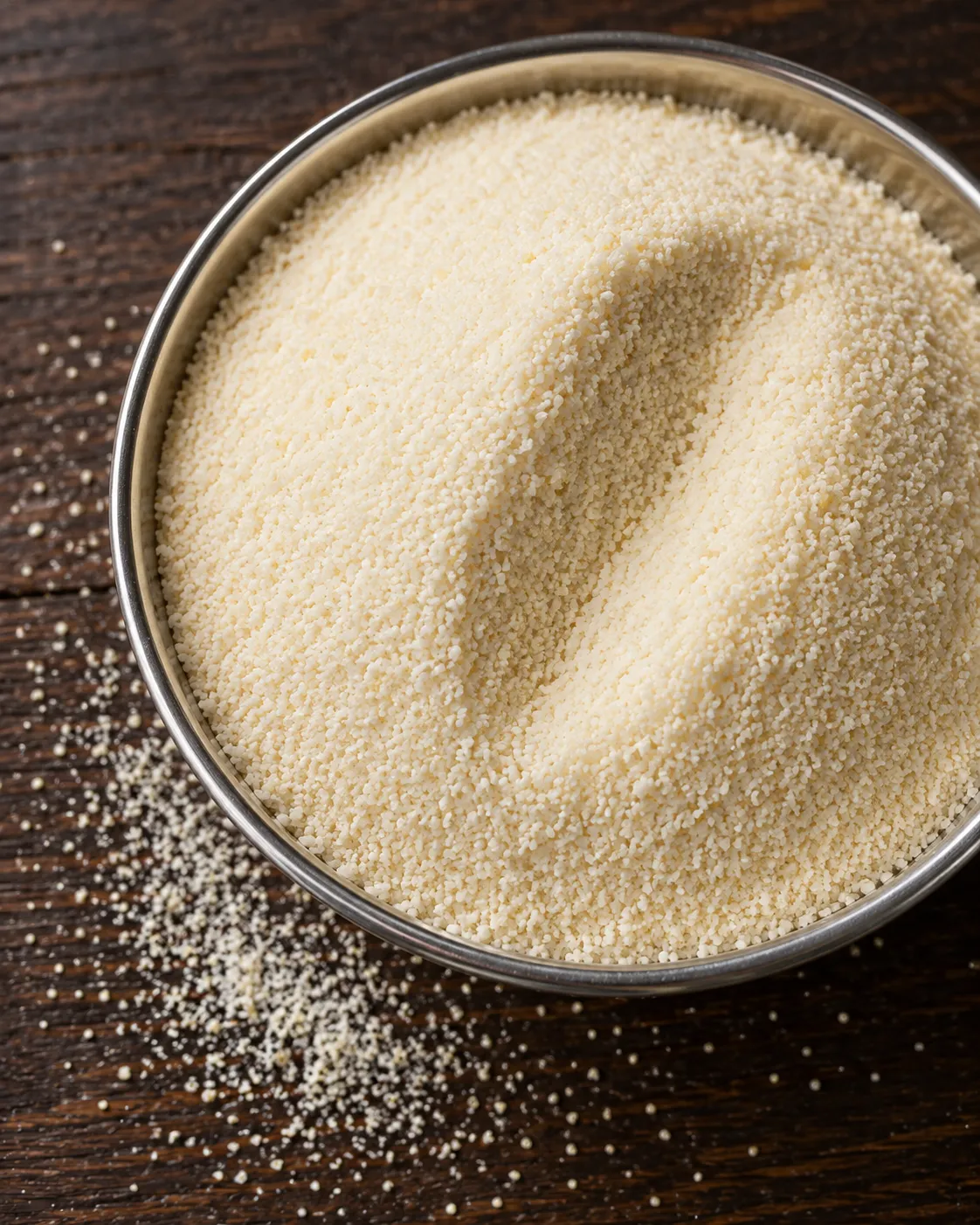 Coarse creamy-yellow semolina granules in a steel bowl