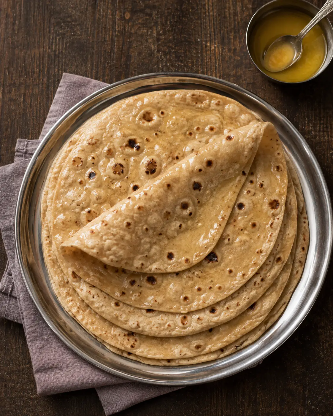 A stack of soft chapatis on a steel plate
