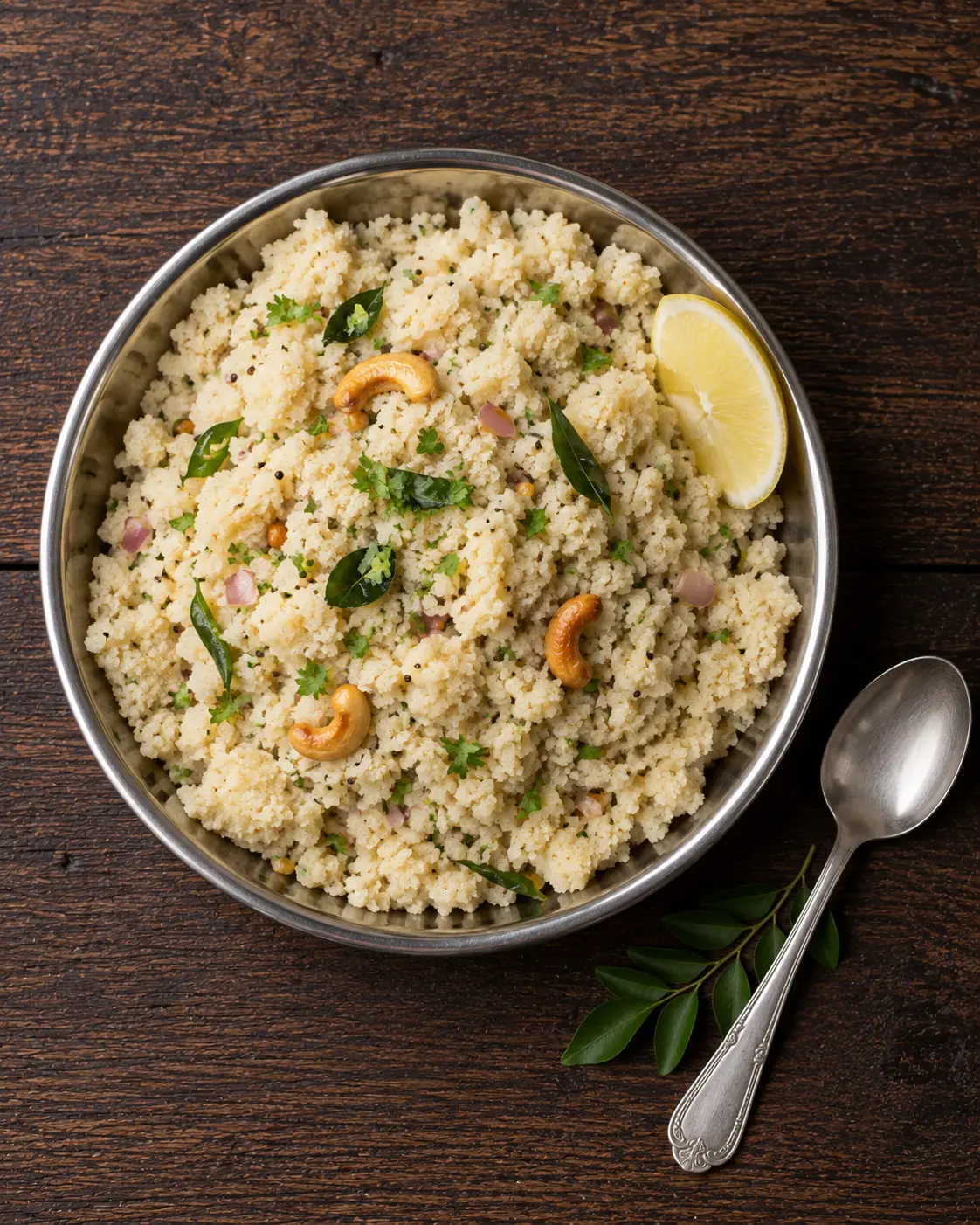 A bowl of rava upma with curry leaves and mustard seeds